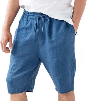 Men's Cotton Linen Shorts with Pockets Solid Color Wide Leg Drawstring Five Pants Lightweight Breathable Summer Basic Capris