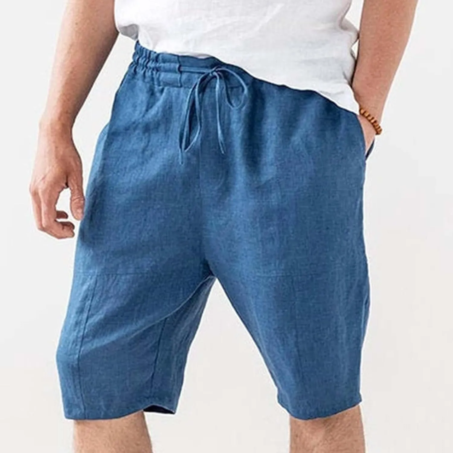 Men's Cotton Linen Shorts with Pockets Solid Color Wide Leg Drawstring Five Pants Lightweight Breathable Summer Basic Capris