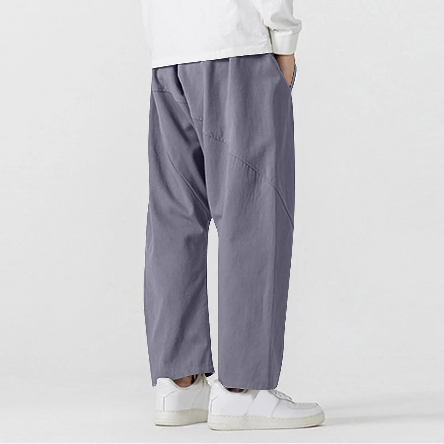Mens Cotton Pants Summer Fashion Loose Fit Plus Size Harem Jogger Pant Casual Elastic Waist Drawstring Trousers