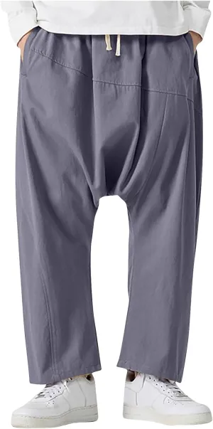 Mens Cotton Pants Summer Fashion Loose Fit Plus Size Harem Jogger Pant Casual Elastic Waist Drawstring Trousers