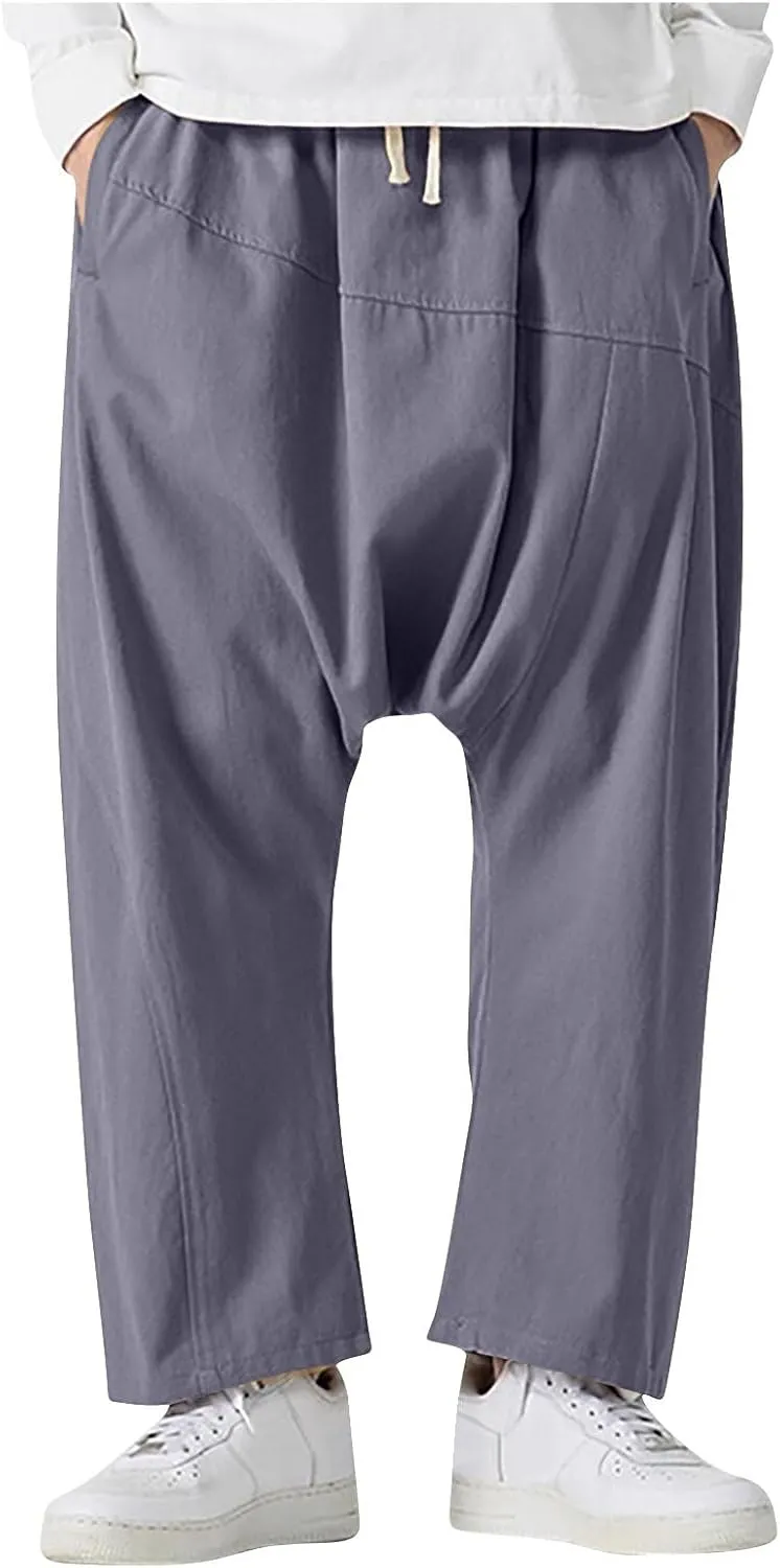 Mens Cotton Pants Summer Fashion Loose Fit Plus Size Harem Jogger Pant Casual Elastic Waist Drawstring Trousers