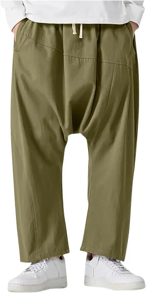 Mens Cotton Pants Summer Fashion Loose Fit Plus Size Harem Jogger Pant Casual Elastic Waist Drawstring Trousers