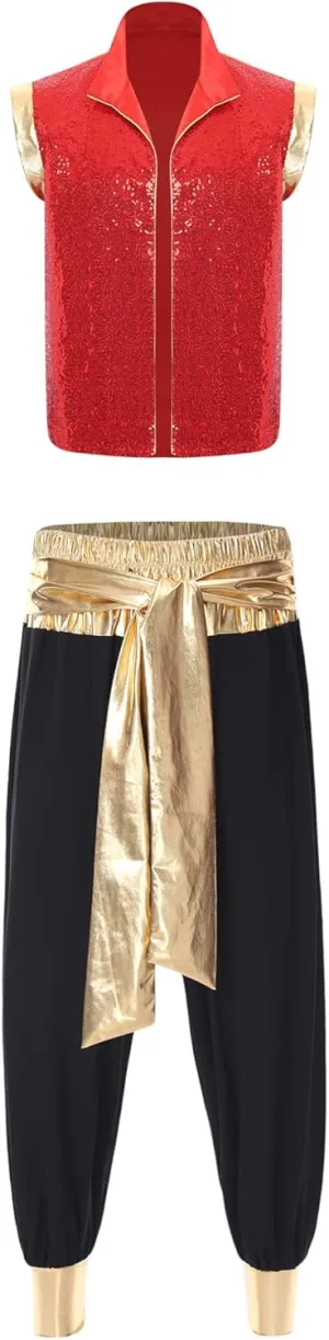 Mens Halloween Arabian Prince Costume Persian Role Play Uniform Outfit Open Front Vest and Harem Pants