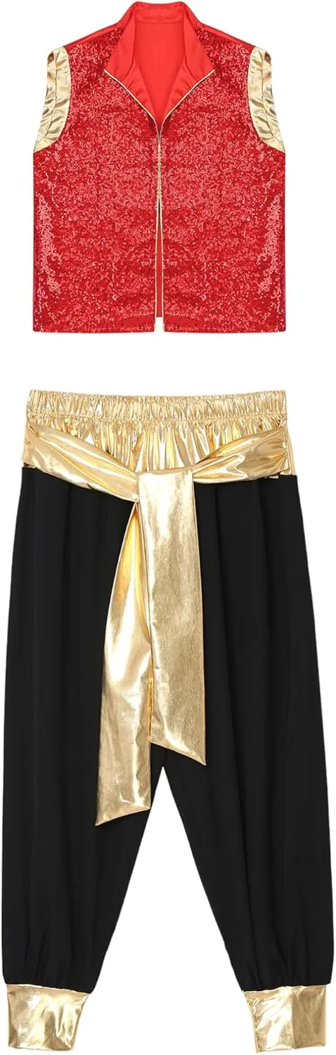 Mens Halloween Arabian Prince Costume Persian Role Play Uniform Outfit Open Front Vest and Harem Pants