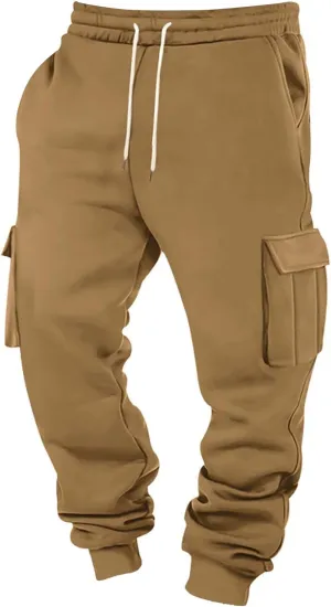 Mens Hiking Cargo Pants Large Elastic Waist Pants with Multi-Pocket Fit Drawstring Wide Trousers