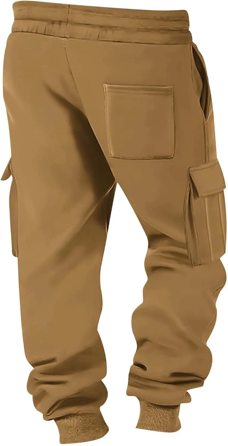 Mens Hiking Cargo Pants Large Elastic Waist Pants with Multi-Pocket Fit Drawstring Wide Trousers