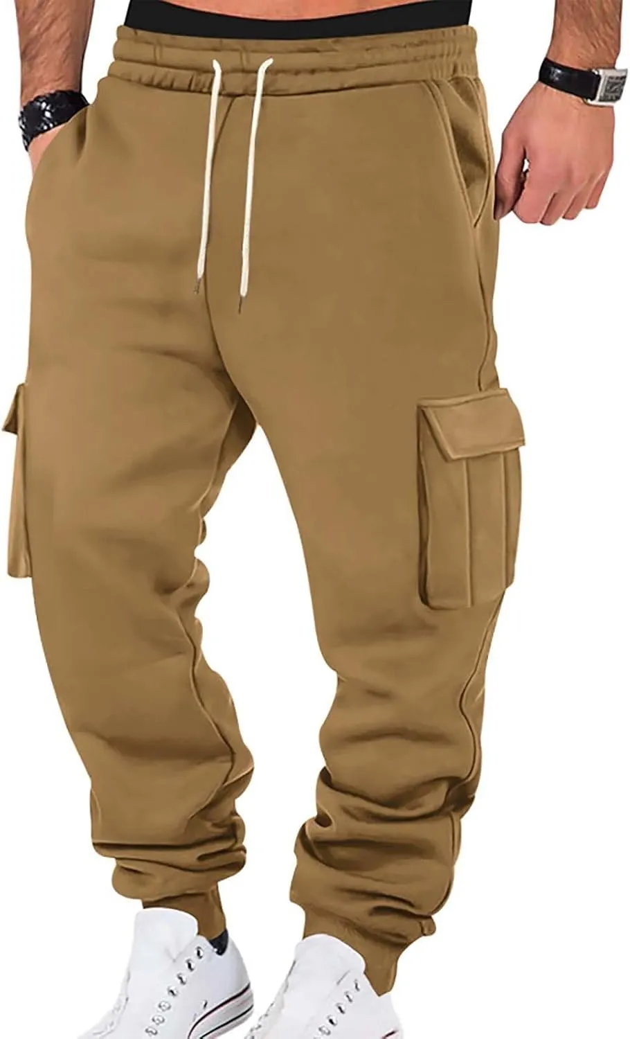 Mens Hiking Cargo Pants Large Elastic Waist Pants with Multi-Pocket Fit Drawstring Wide Trousers