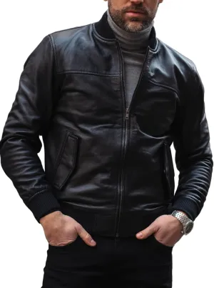 Men's Leather Varsity Jacket - Black Leather Bomber Jacket for Men