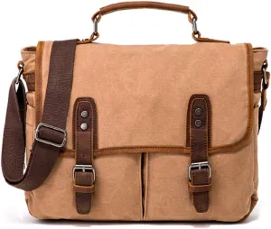 Mens Messenger Bag, 15.6 Inch Shoulder Bag Canvas Vintage Leather Handbag Crossbody Bag