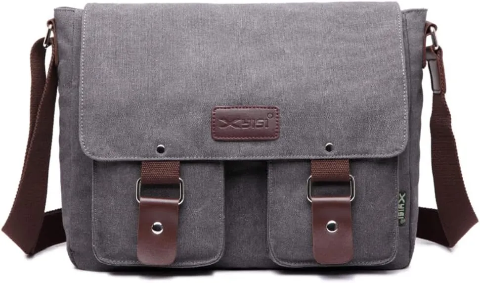 Mens Messenger Bag Waterproof Canvas Leather Bag 12 Inch Vintage Crossbody Shoulder Bag