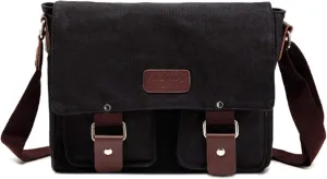 Mens Messenger Bag Waterproof Canvas Leather Bag 12 Inch Vintage Waxed Crossbody Bag (Black)