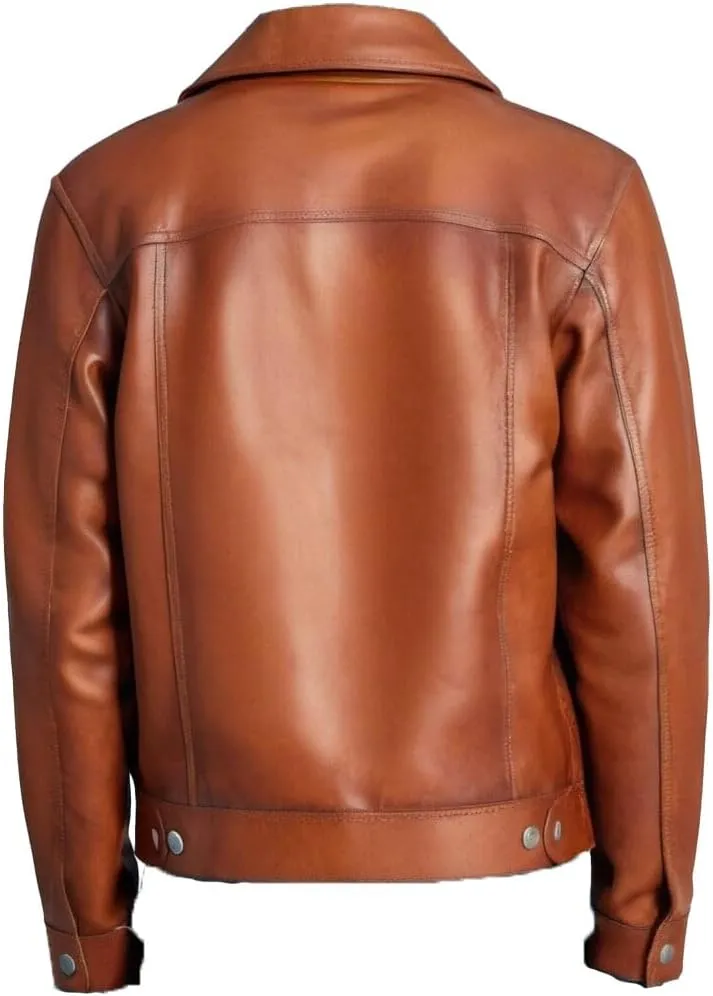 Men's Mike Epps Brown Waxed Distressed Trucker Buttoned Genuine Leather Jacket For Men