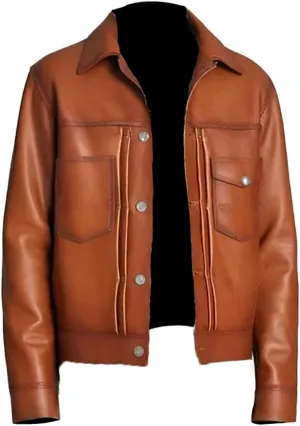 Men's Mike Epps Brown Waxed Distressed Trucker Buttoned Genuine Leather Jacket For Men