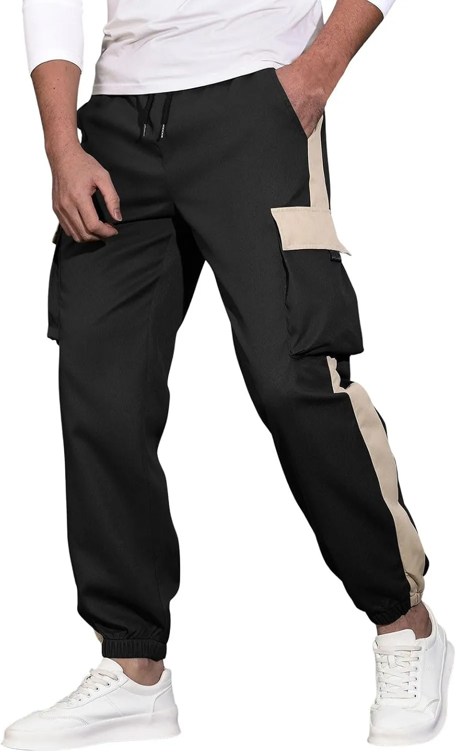 Men's Running Cargo Pants Large Elastic Waist Pants with Multi-Pocket Fit Drawstring Wide Trousers