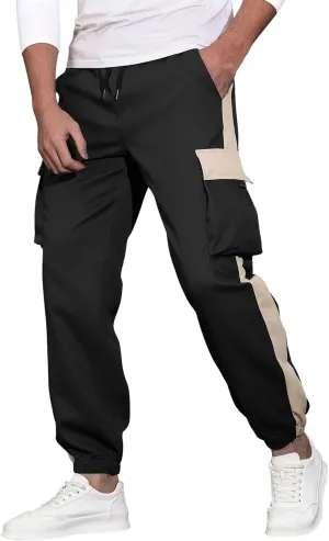 Men's Running Cargo Pants Large Elastic Waist Pants with Multi-Pocket Fit Drawstring Wide Trousers