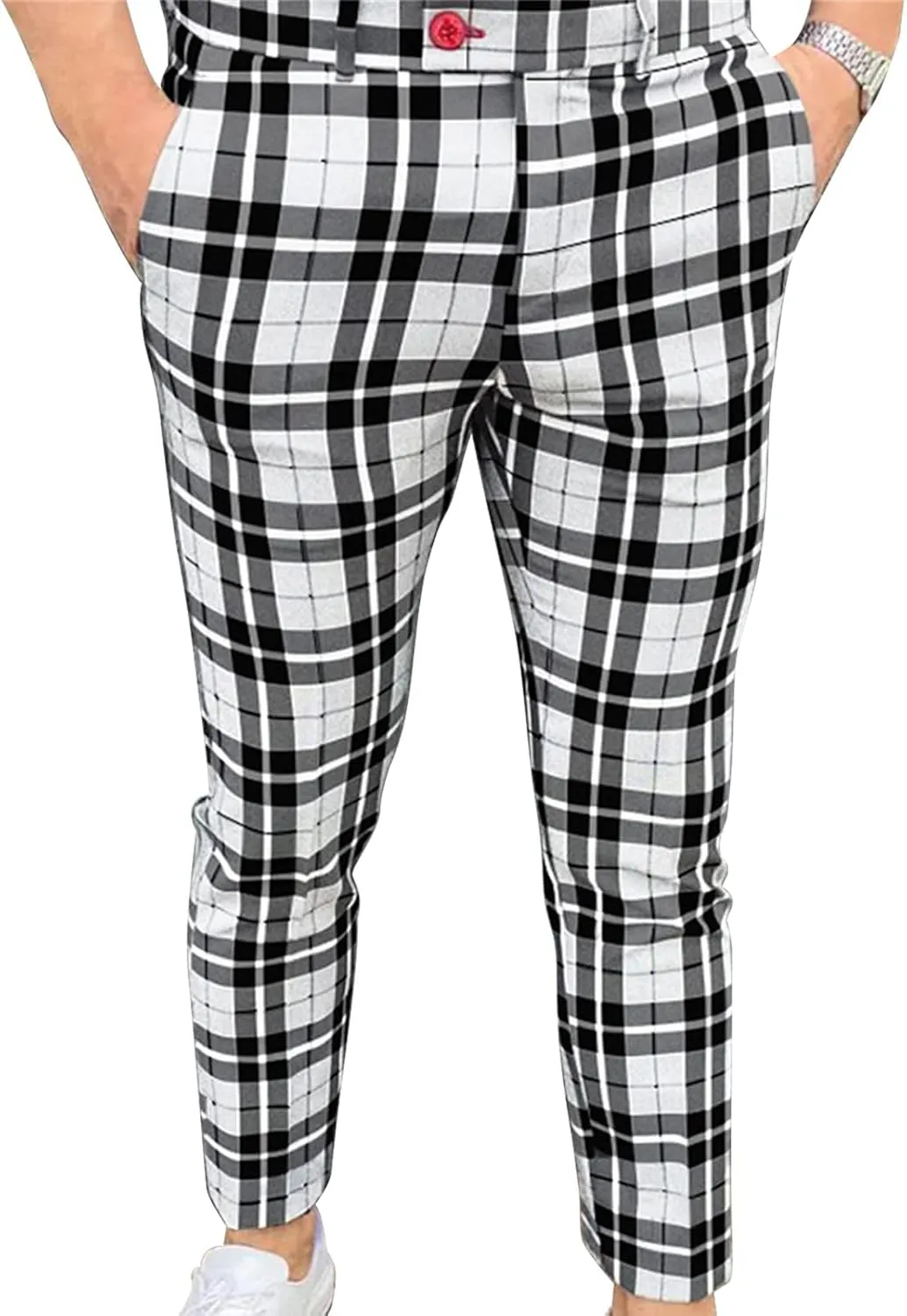 Men's Slim Fit Flat Front Dress Pants Plaid Casual Chinos Suit Pants Stretch Straight Fit Business Trousers