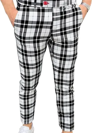 Men's Slim Fit Flat Front Dress Pants Plaid Casual Chinos Suit Pants Stretch Straight Fit Business Trousers