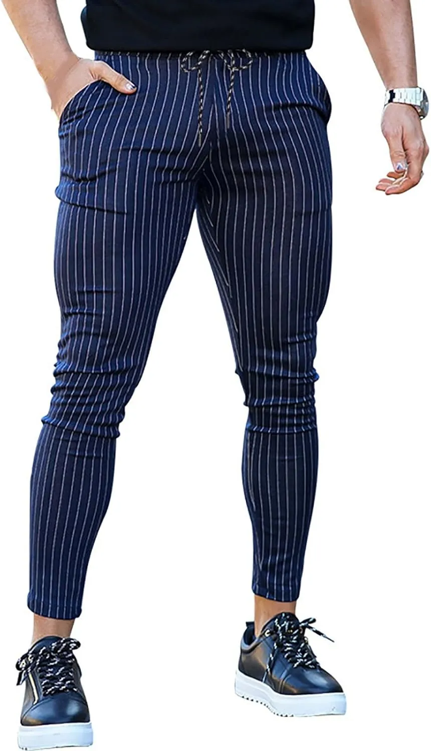 Men's Striped Dress Pants Slim Fit Stretch Golf Pants Bussiness Casual Suit Pants for Work Office