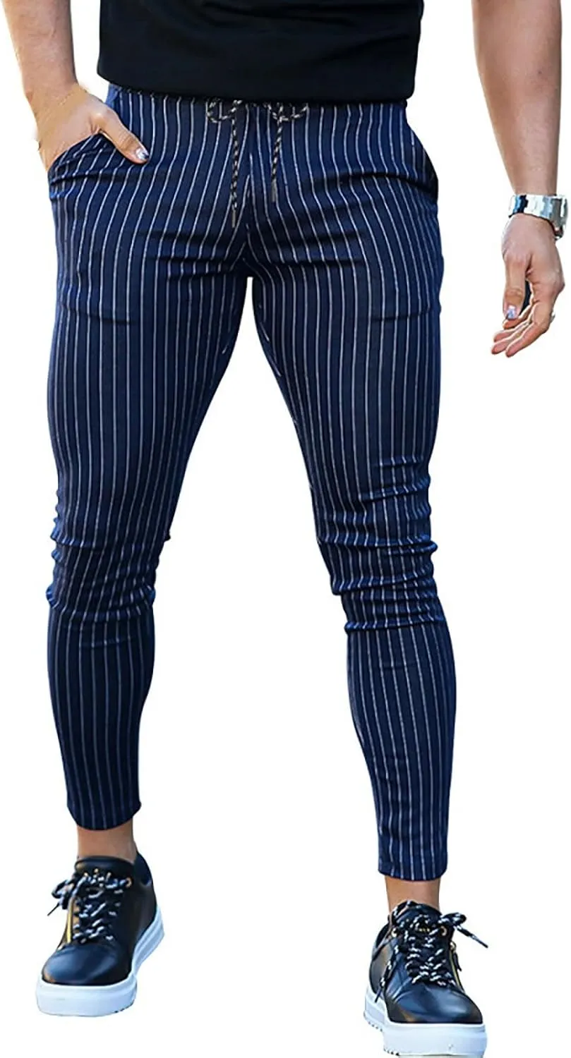 Men's Striped Dress Pants Slim Fit Stretch Golf Pants Bussiness Casual Suit Pants for Work Office