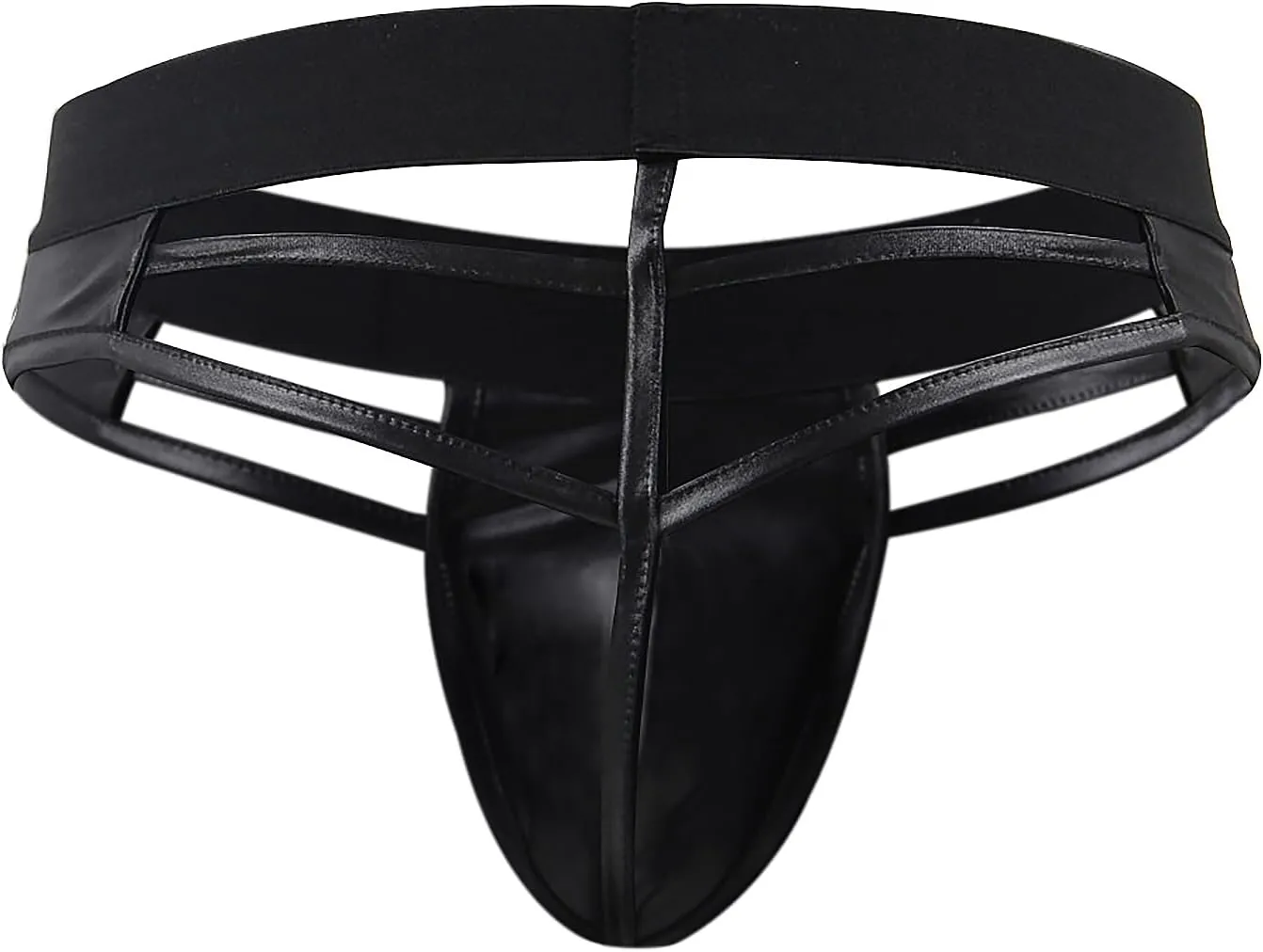 Men's Thong Underwear Faux Leather Briefs Sexy Low Rise T-back Black Hollow Out G-String Panties for Men XS-L