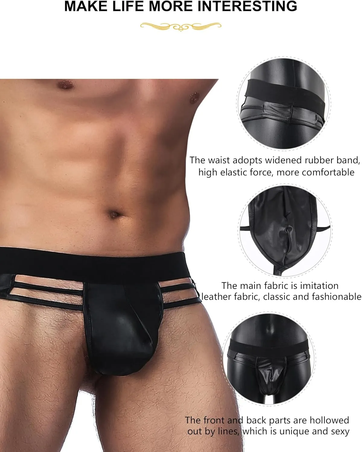 Men's Thong Underwear Faux Leather Briefs Sexy Low Rise T-back Black Hollow Out G-String Panties for Men XS-L