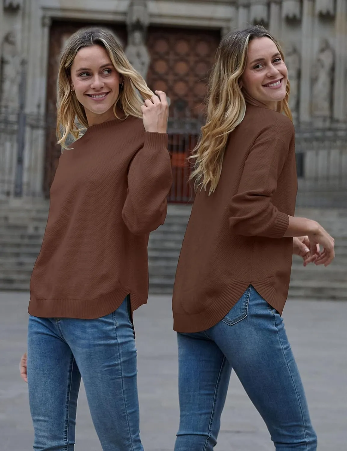MEROKEETY Women's 2025 Fall Long Balloon Sleeve Crew Neck Sweater Tops Waffle Knit Soft Pullover Jumper