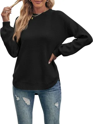MEROKEETY Women's 2025 Fall Long Balloon Sleeve Crew Neck Sweater Tops Waffle Knit Soft Pullover Jumper