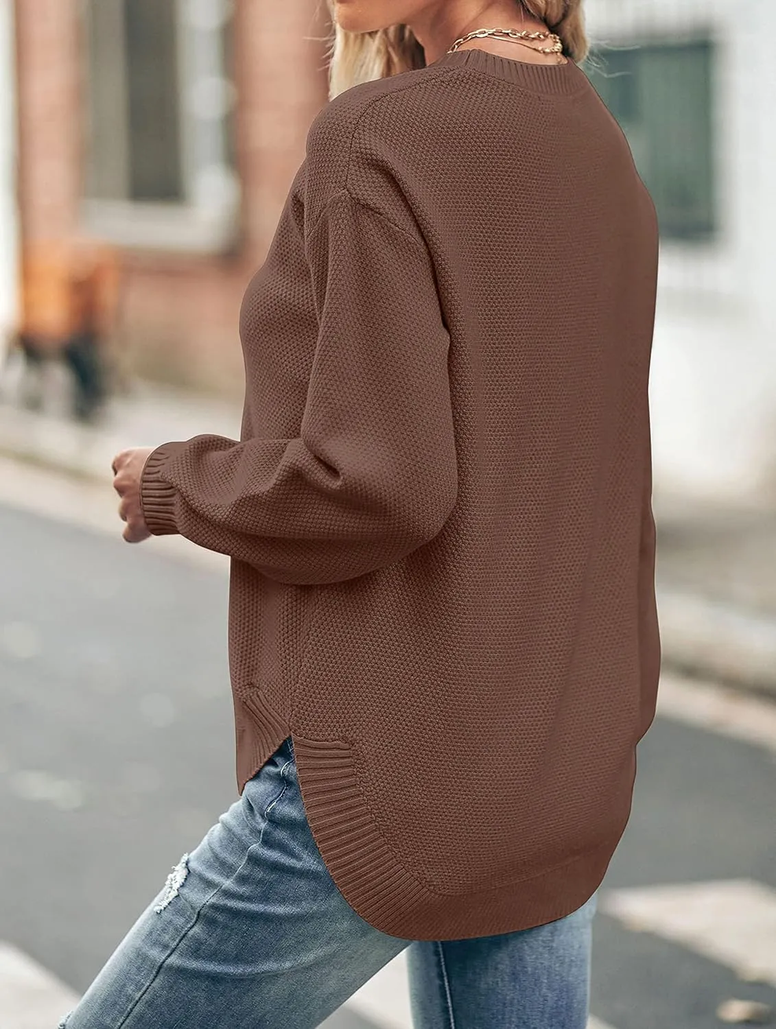 MEROKEETY Women's 2025 Fall Long Balloon Sleeve Crew Neck Sweater Tops Waffle Knit Soft Pullover Jumper