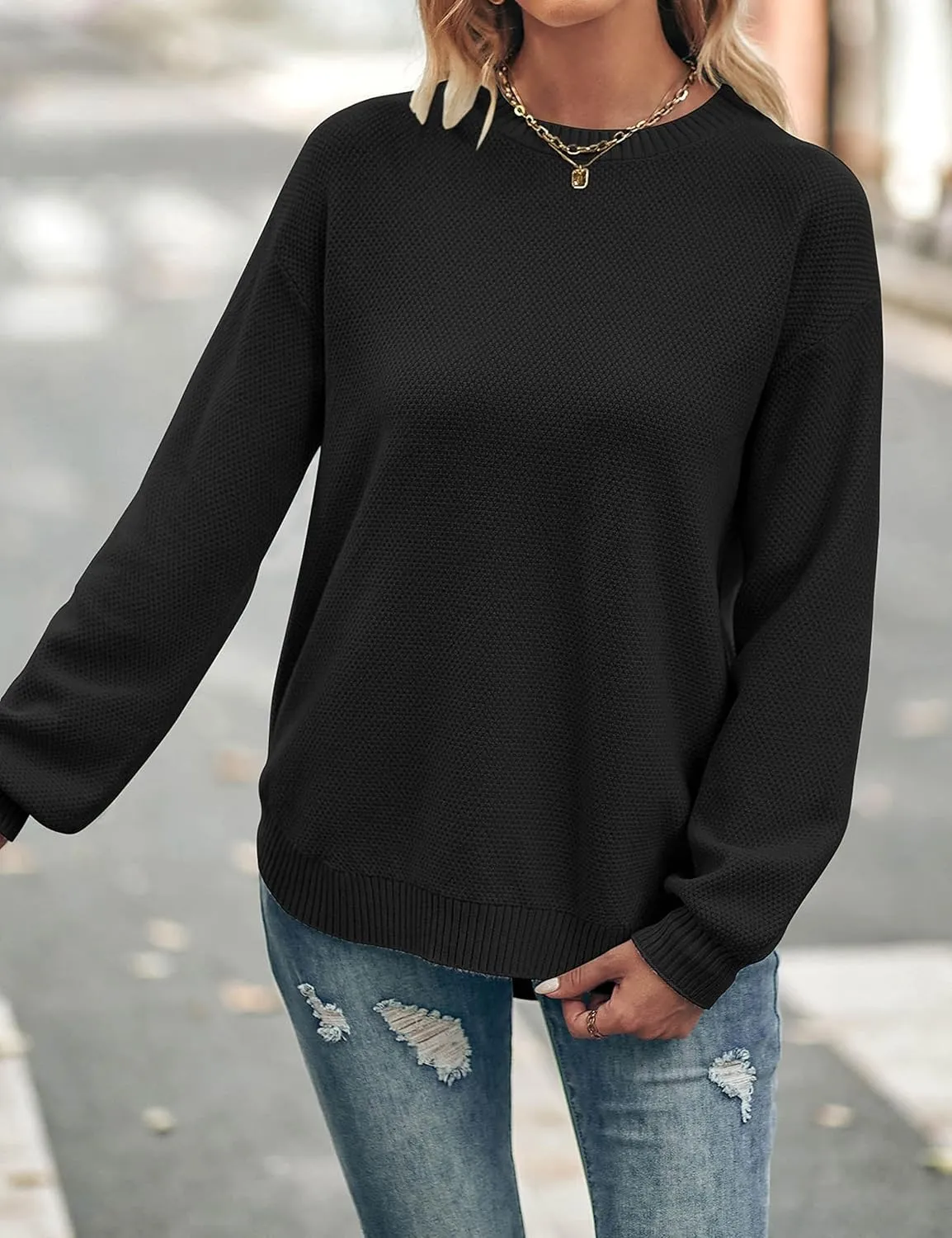 MEROKEETY Women's 2025 Fall Long Balloon Sleeve Crew Neck Sweater Tops Waffle Knit Soft Pullover Jumper