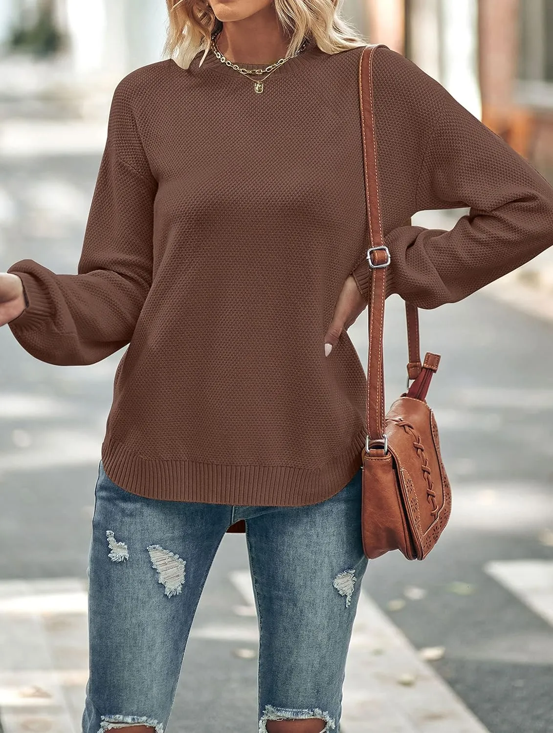 MEROKEETY Women's 2025 Fall Long Balloon Sleeve Crew Neck Sweater Tops Waffle Knit Soft Pullover Jumper