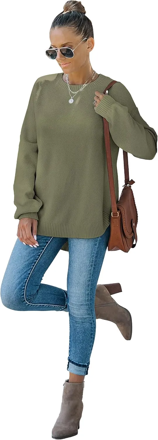 MEROKEETY Women's 2025 Fall Long Balloon Sleeve Crew Neck Sweater Tops Waffle Knit Soft Pullover Jumper