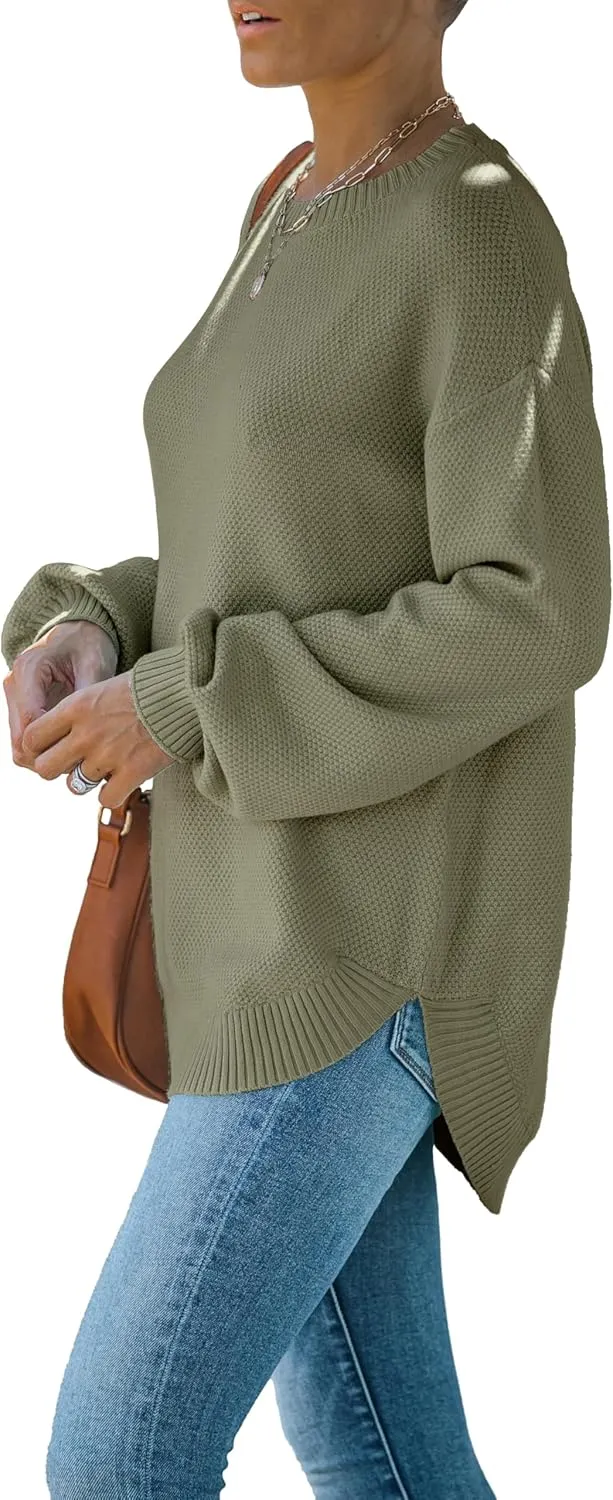 MEROKEETY Women's 2025 Fall Long Balloon Sleeve Crew Neck Sweater Tops Waffle Knit Soft Pullover Jumper