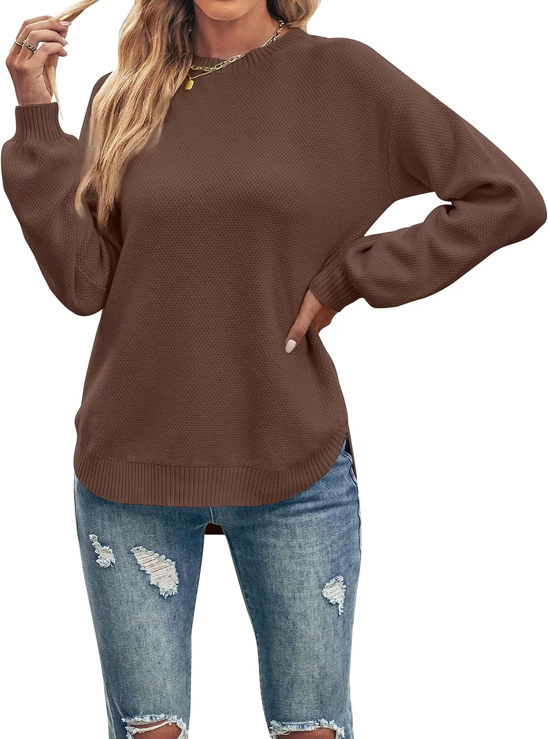 MEROKEETY Women's 2025 Fall Long Balloon Sleeve Crew Neck Sweater Tops Waffle Knit Soft Pullover Jumper