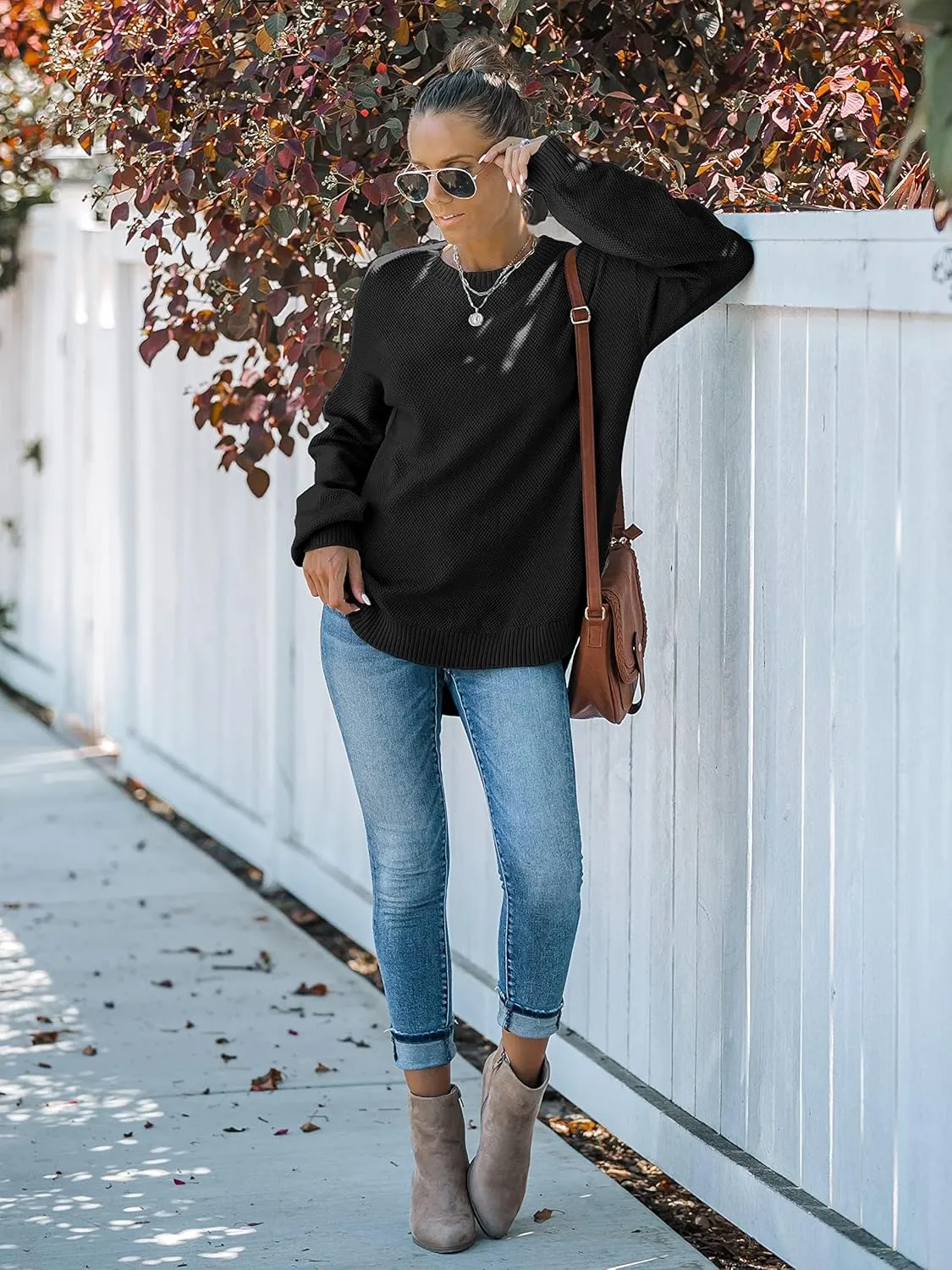 MEROKEETY Women's 2025 Fall Long Balloon Sleeve Crew Neck Sweater Tops Waffle Knit Soft Pullover Jumper