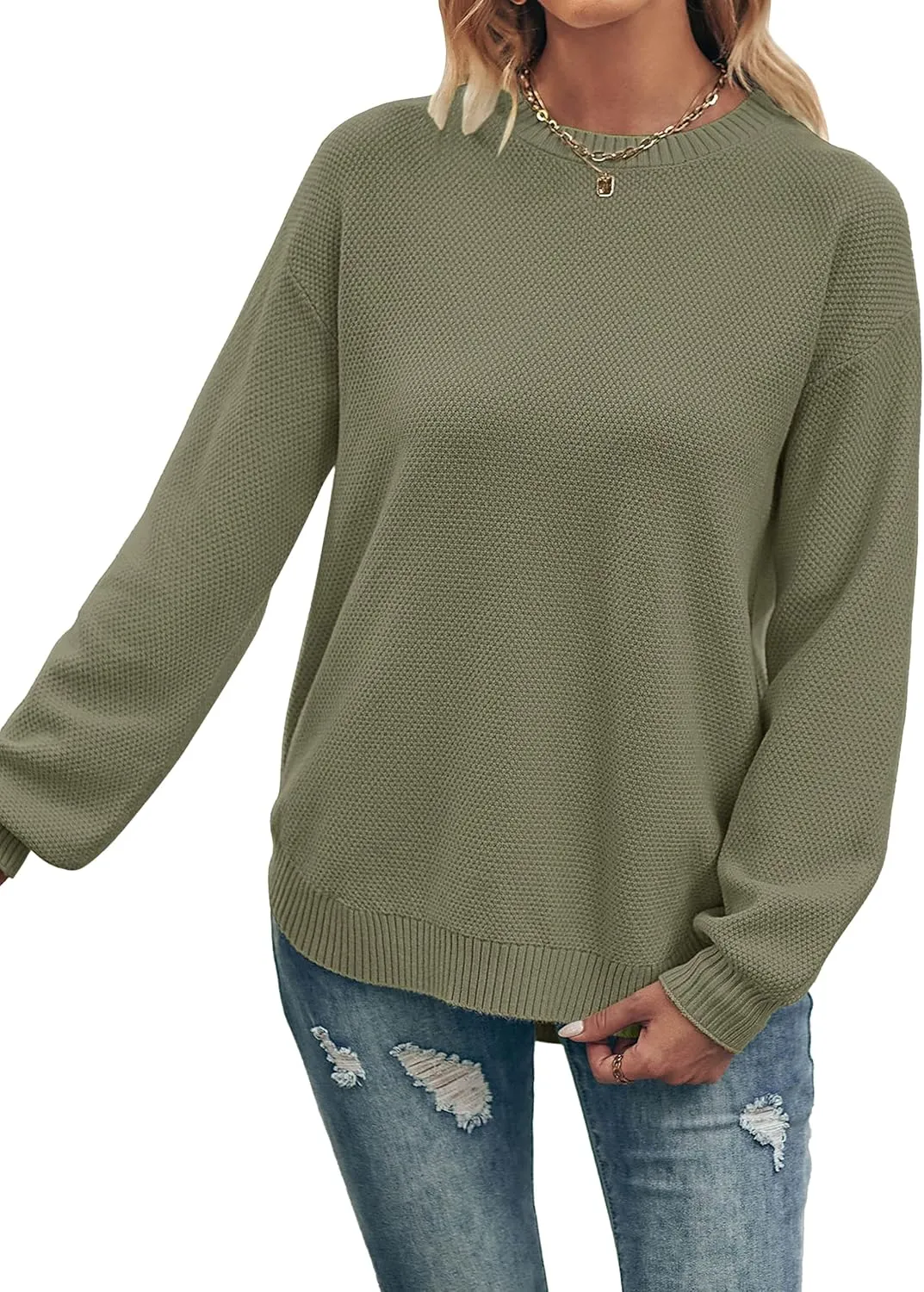 MEROKEETY Women's 2025 Fall Long Balloon Sleeve Crew Neck Sweater Tops Waffle Knit Soft Pullover Jumper