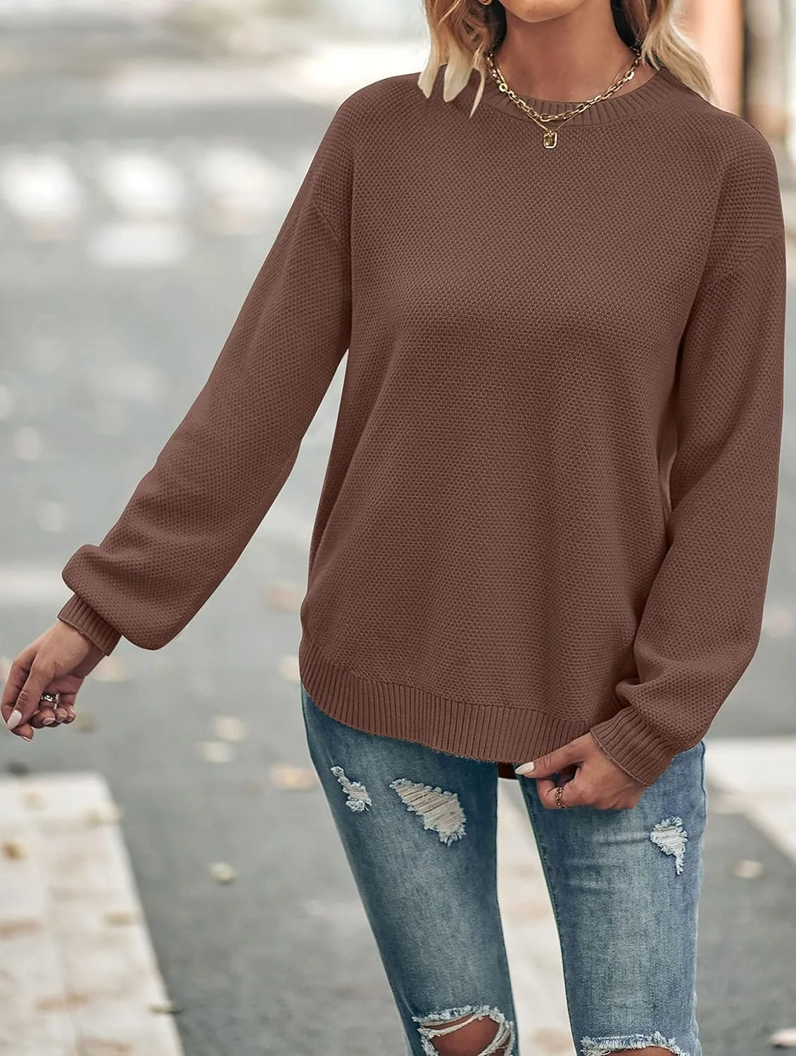 MEROKEETY Women's 2025 Fall Long Balloon Sleeve Crew Neck Sweater Tops Waffle Knit Soft Pullover Jumper