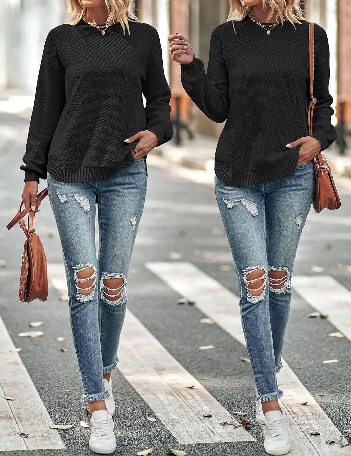 MEROKEETY Women's 2025 Fall Long Balloon Sleeve Crew Neck Sweater Tops Waffle Knit Soft Pullover Jumper
