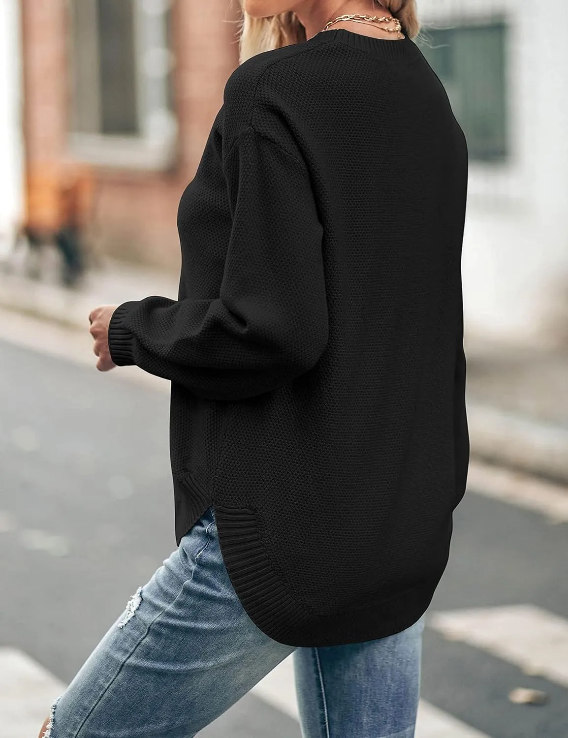 MEROKEETY Women's 2025 Fall Long Balloon Sleeve Crew Neck Sweater Tops Waffle Knit Soft Pullover Jumper