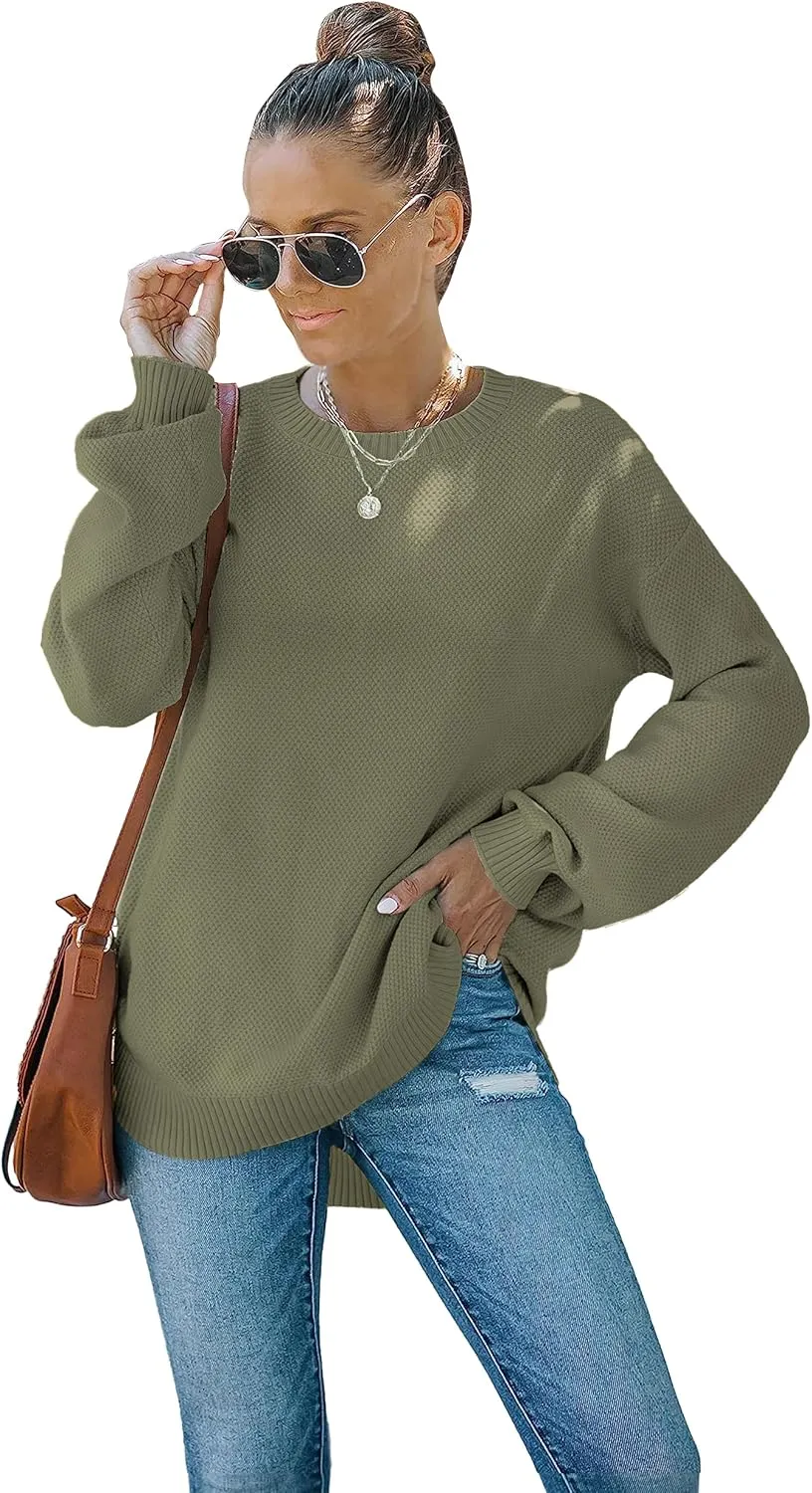 MEROKEETY Women's 2025 Fall Long Balloon Sleeve Crew Neck Sweater Tops Waffle Knit Soft Pullover Jumper