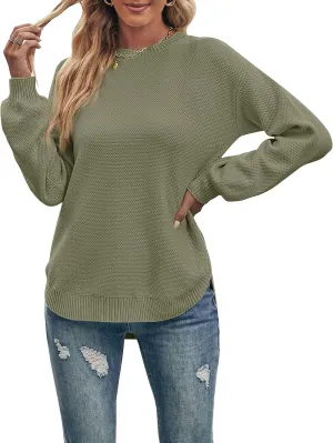 MEROKEETY Women's 2025 Fall Long Balloon Sleeve Crew Neck Sweater Tops Waffle Knit Soft Pullover Jumper