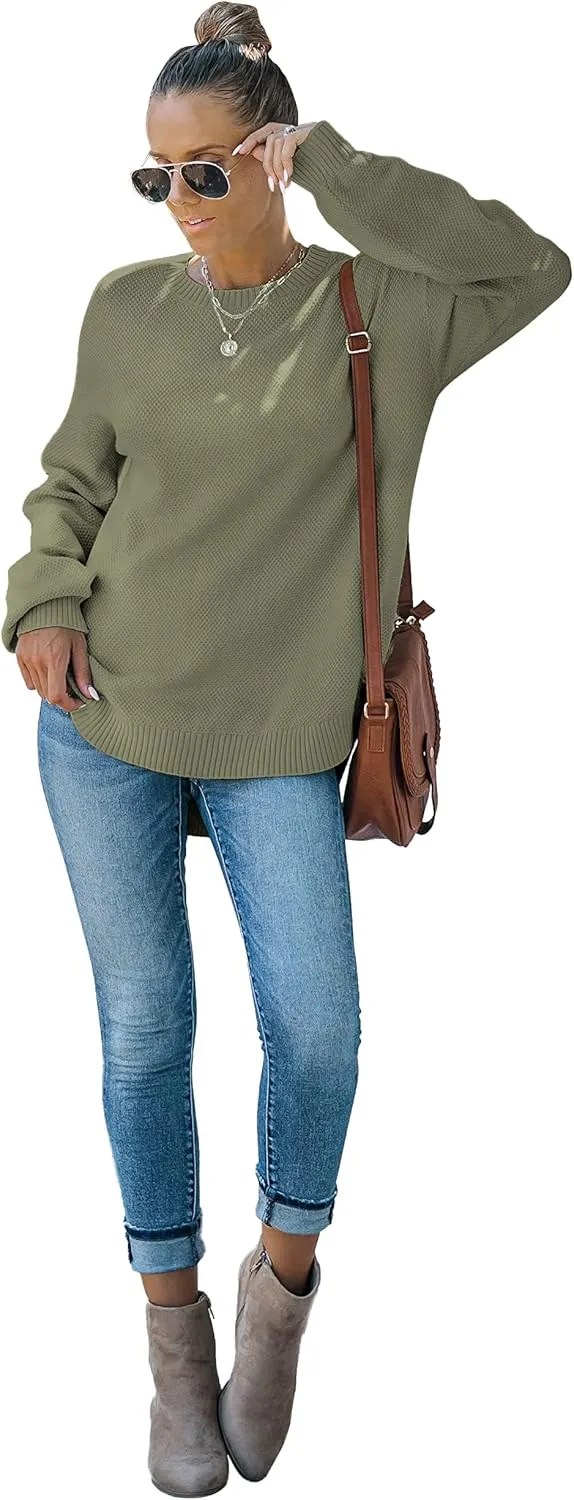 MEROKEETY Women's 2025 Fall Long Balloon Sleeve Crew Neck Sweater Tops Waffle Knit Soft Pullover Jumper