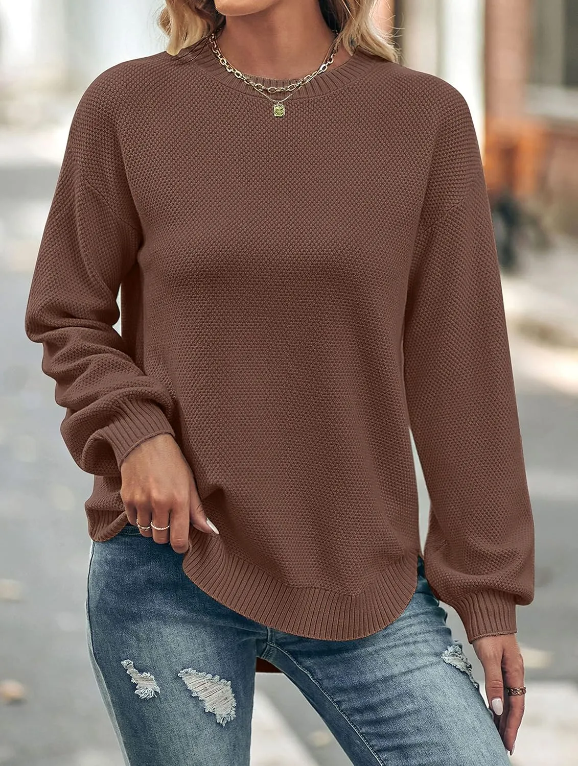 MEROKEETY Women's 2025 Fall Long Balloon Sleeve Crew Neck Sweater Tops Waffle Knit Soft Pullover Jumper