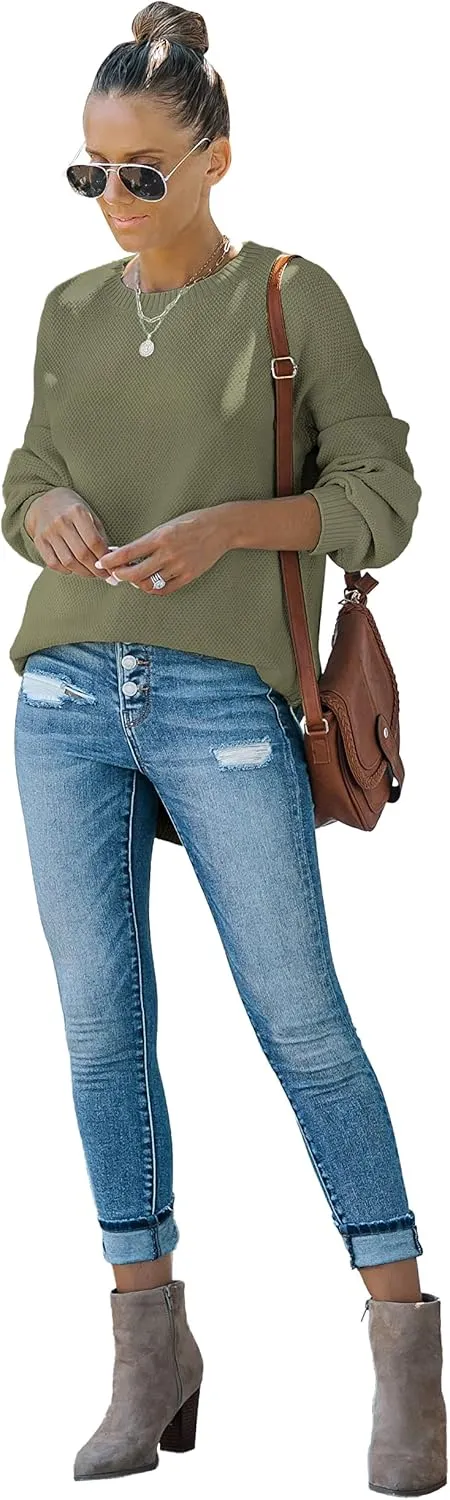 MEROKEETY Women's 2025 Fall Long Balloon Sleeve Crew Neck Sweater Tops Waffle Knit Soft Pullover Jumper