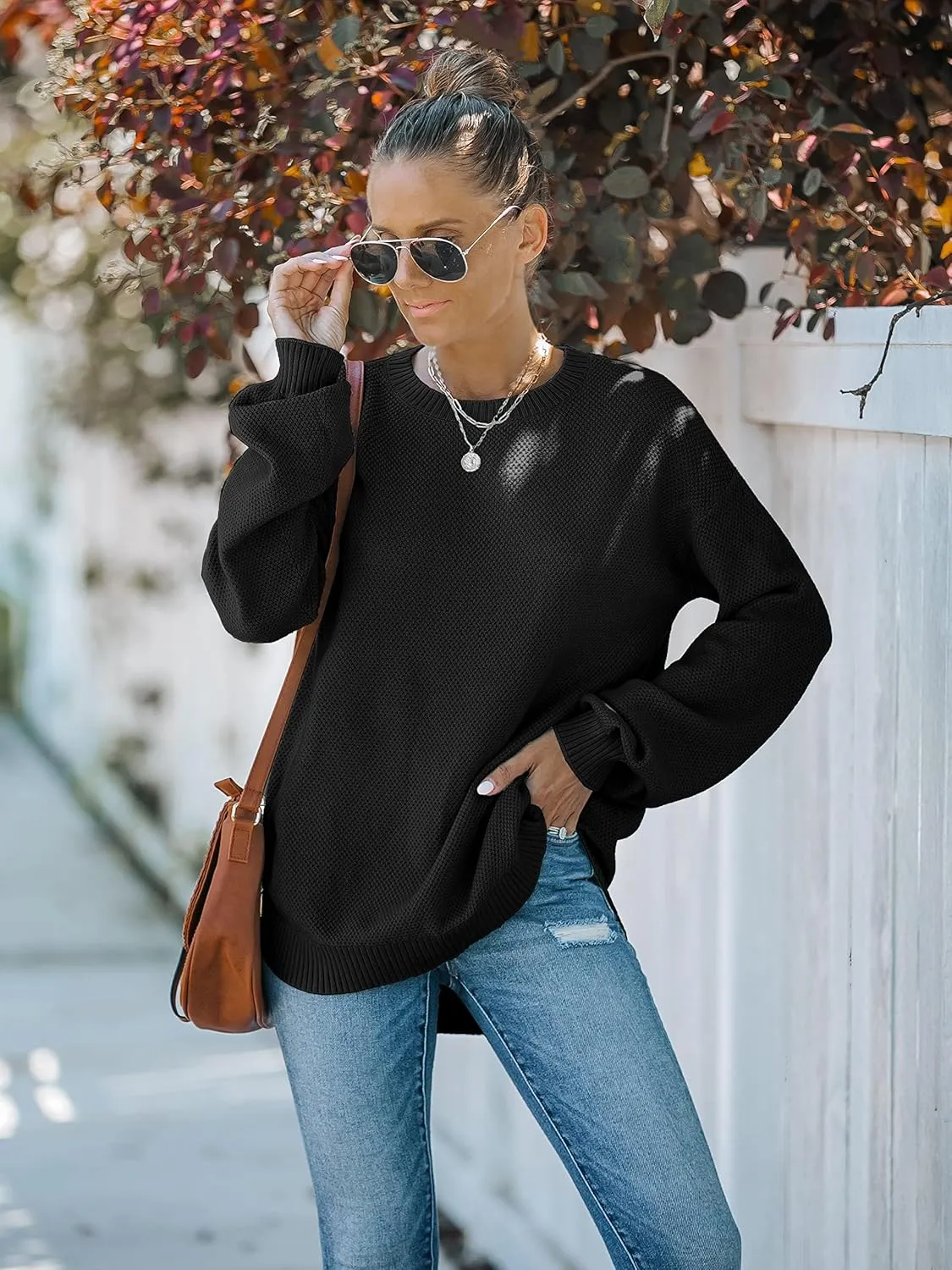 MEROKEETY Women's 2025 Fall Long Balloon Sleeve Crew Neck Sweater Tops Waffle Knit Soft Pullover Jumper