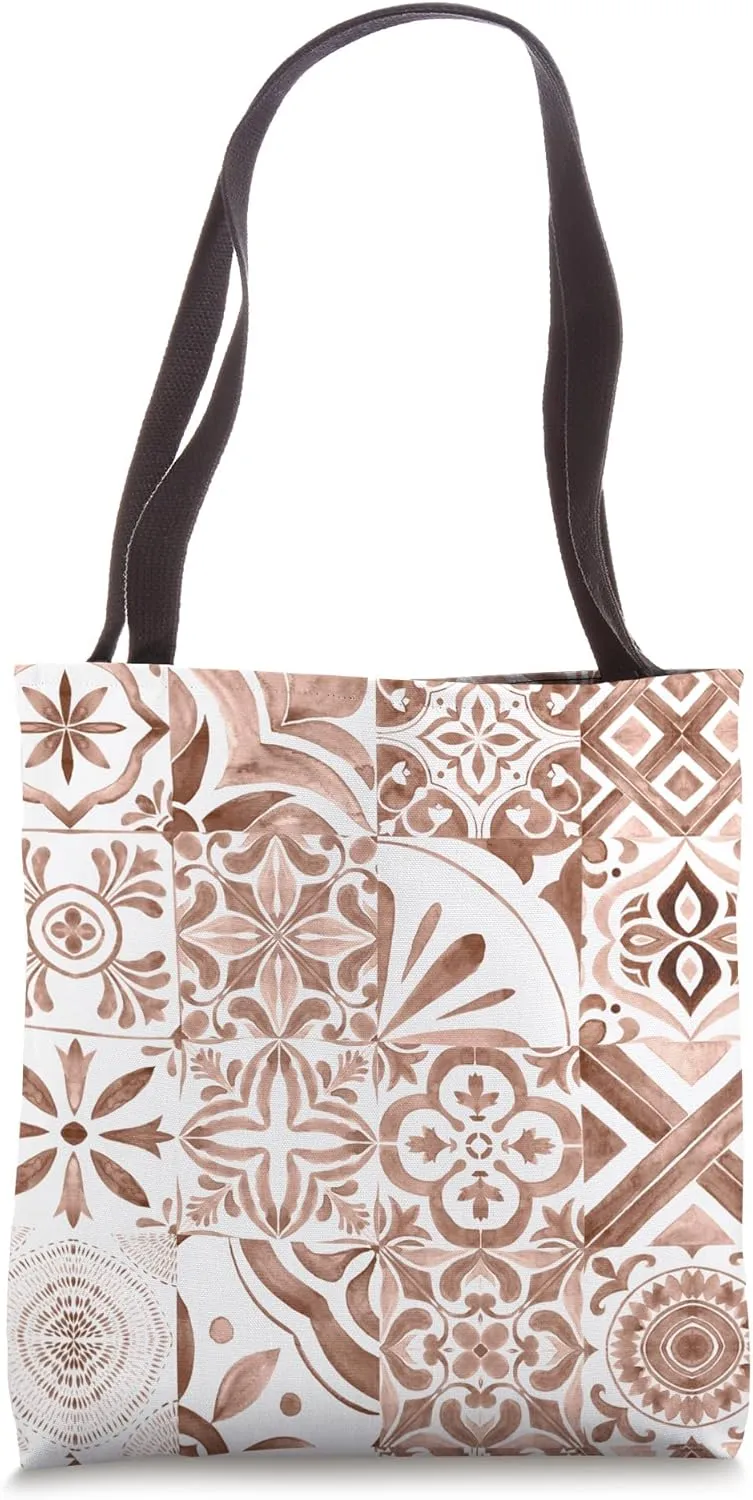 Mocha Mousse Light Brown White Color Moroccan Tile Pattern Tote Bag