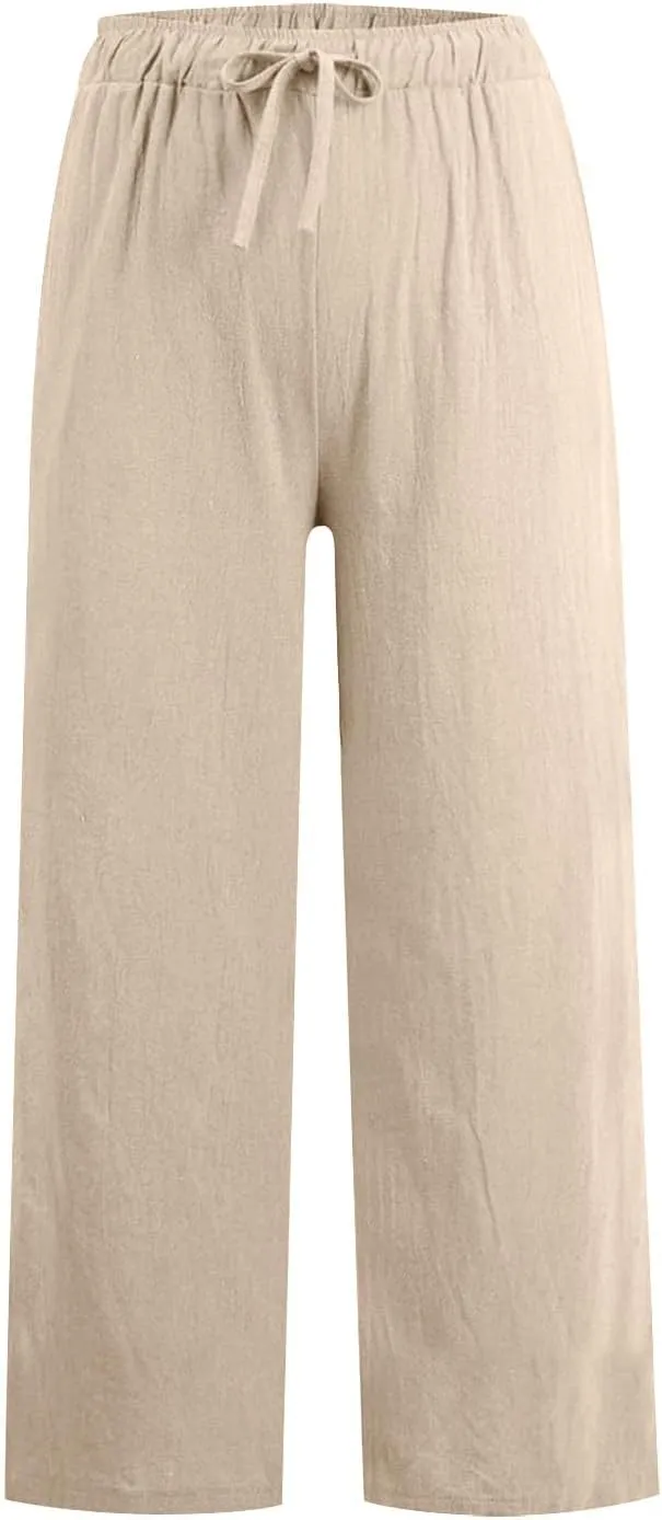 MRGIINRI Womens Cotton Linen Pants 2024 Summer Wide Leg Casual Loose Drawstring High Waist Palazzo Pants Trousers with Pocket