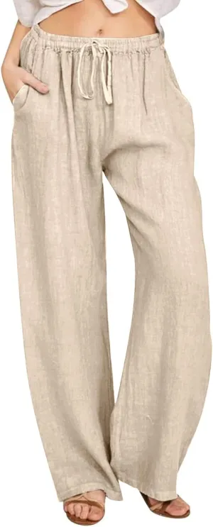 MRGIINRI Womens Cotton Linen Pants 2024 Summer Wide Leg Casual Loose Drawstring High Waist Palazzo Pants Trousers with Pocket