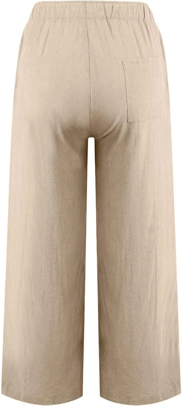 MRGIINRI Womens Cotton Linen Pants 2024 Summer Wide Leg Casual Loose Drawstring High Waist Palazzo Pants Trousers with Pocket