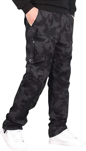 Muscularfit Men's Cargo Pants Big and Tall Cotton Elastic Waist Multi Pockets Straight Trousers Casual Loose Solid Sweatpants