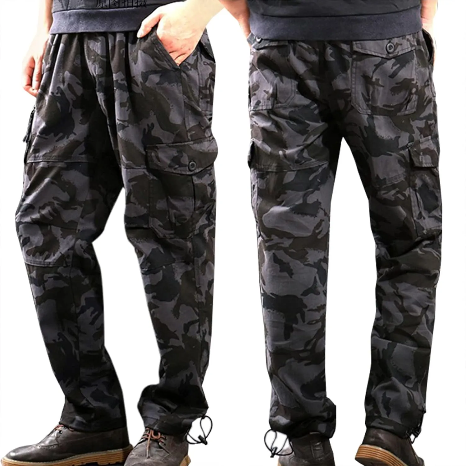 Muscularfit Men's Cargo Pants Big and Tall Cotton Elastic Waist Multi Pockets Straight Trousers Casual Loose Solid Sweatpants